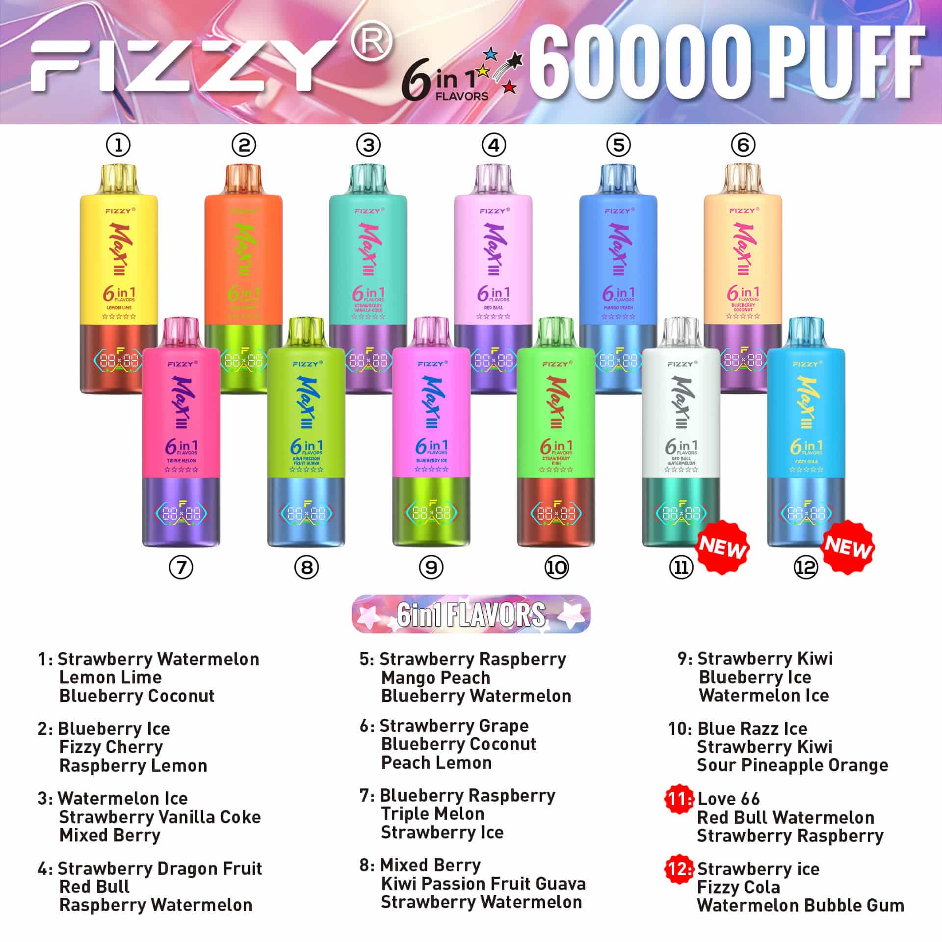 Fizzy Max III 6in1 60000 Puffs Disposable Vape Flavors